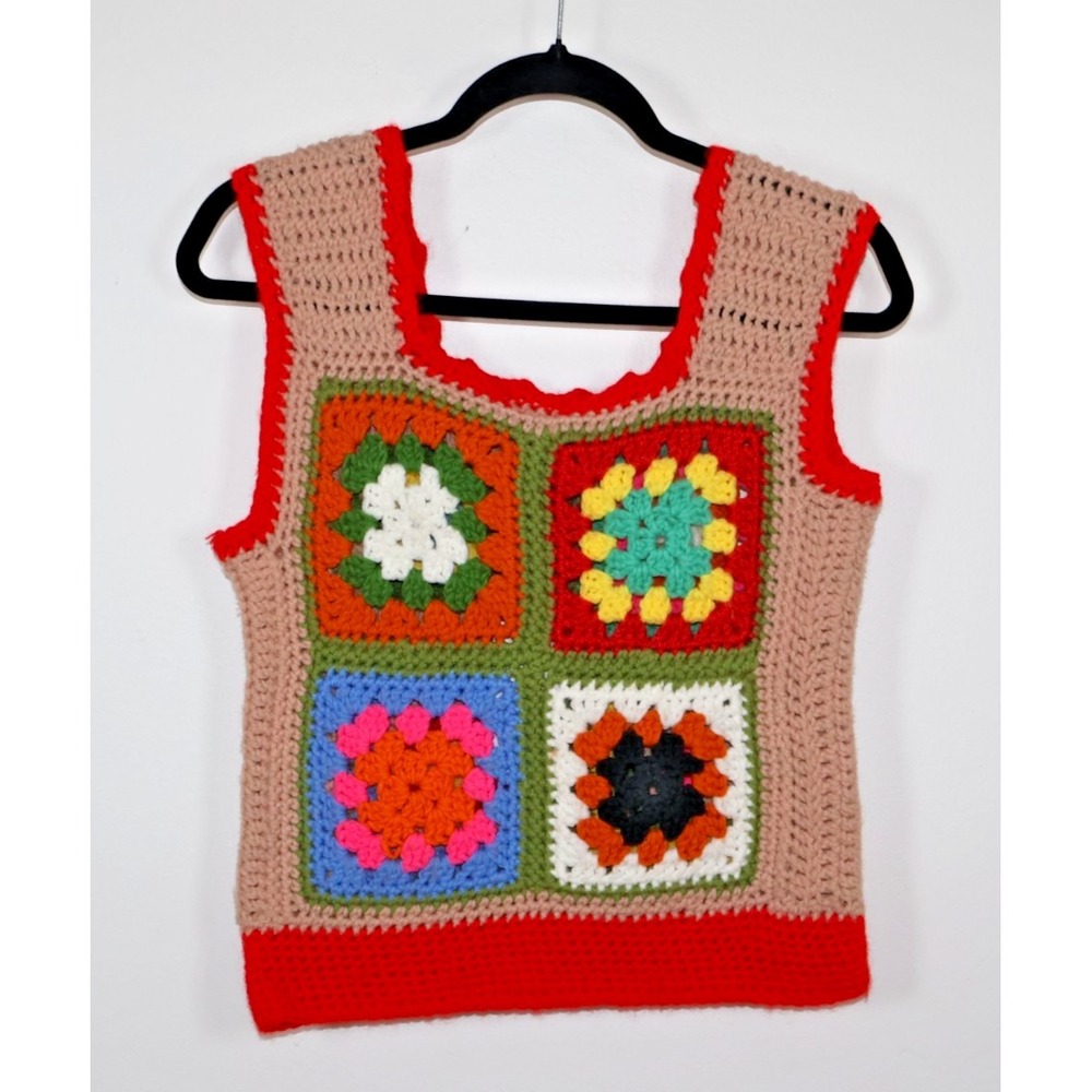 Reformation Sweater Vest Size Medium Granny Square Crochet Red Brown Multicolor